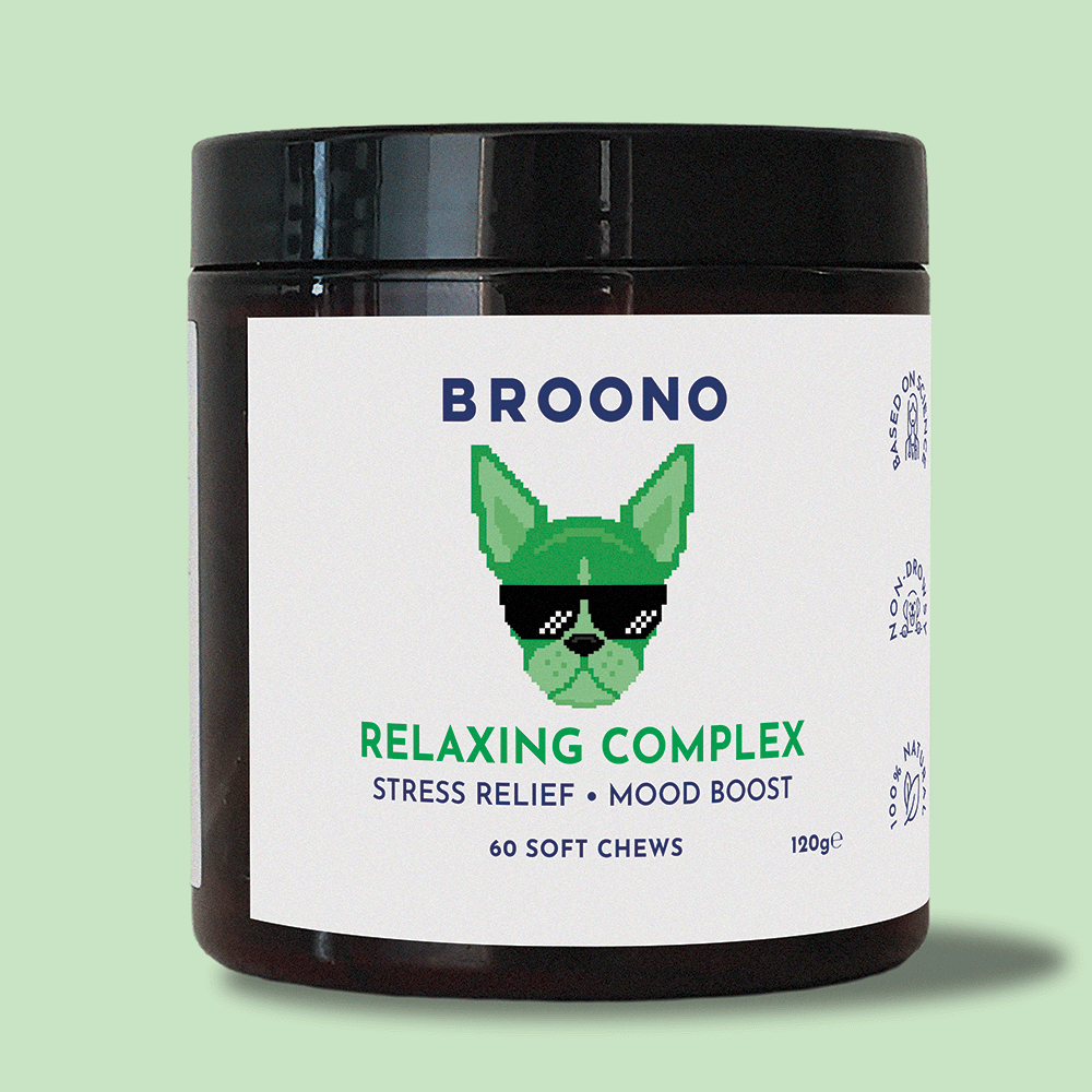 Broono Relaxing Complex for dogs, a calming formula in a jar with a cool dog design, promoting stress relief and mood boost.
